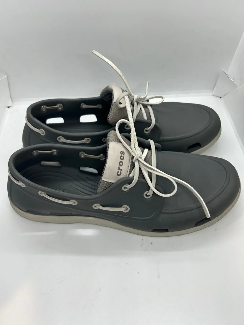 Crocs Classic Boat Shoe Mens Slate Grey White Nautical Deck Shoes Outdoor Sz 11